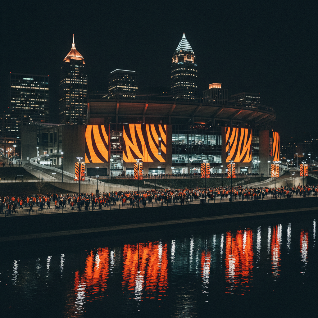 Paycor Stadium glowing orange and black on a Bengals game night with the Cincinnati skyline behind