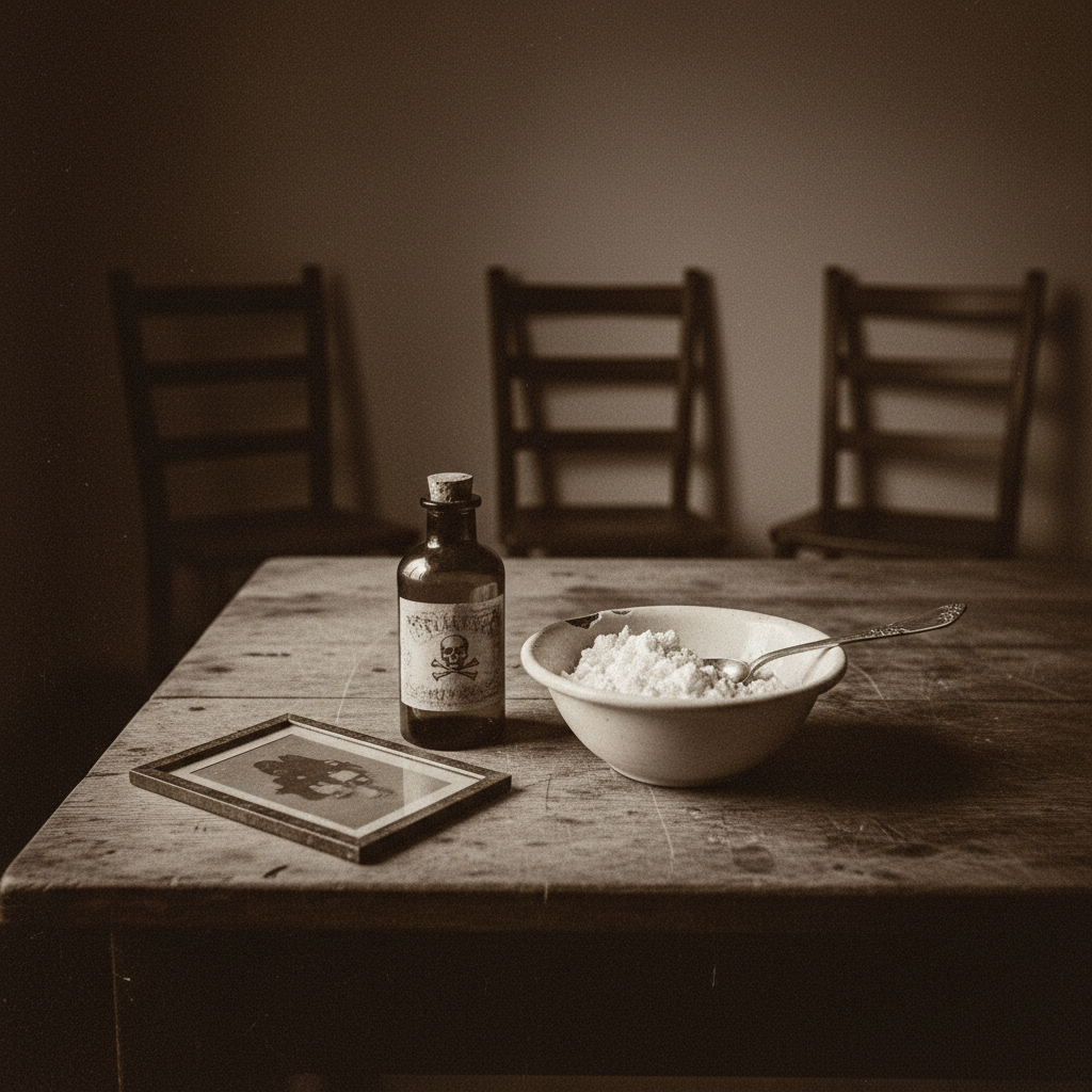 A 19th-century farmhouse kitchen table with an apothecary poison bottle and a bowl of cottage cheese