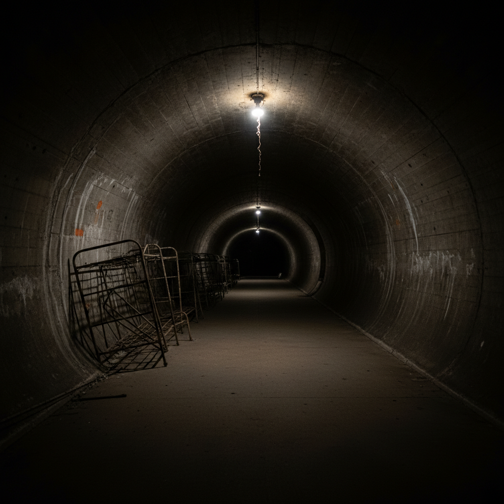 Inside Cincinnati's abandoned subway tunnels with WWII-era bunk beds along the wall and a single hanging bulb