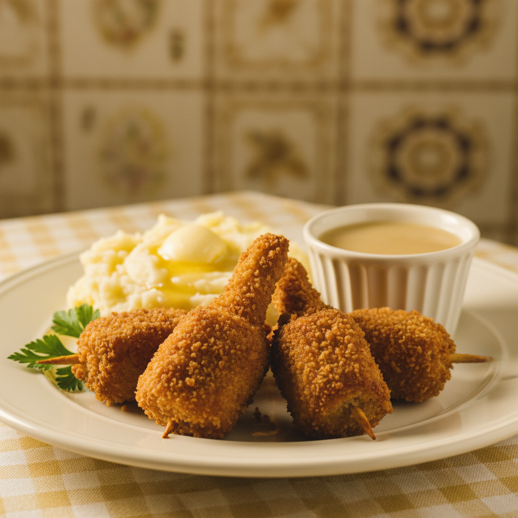 City Chicken: breaded cubed pork on wooden skewers served with mashed potatoes and gravy