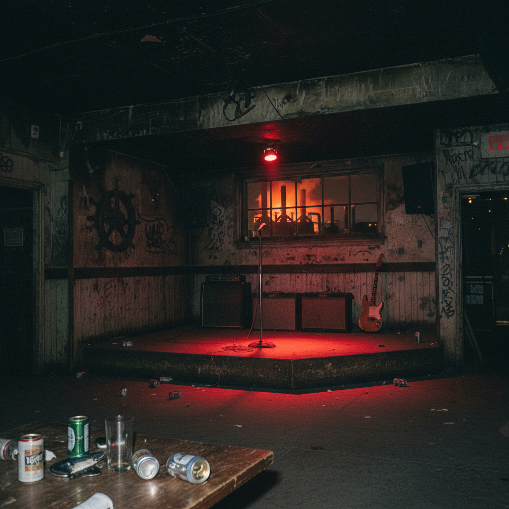 Interior of a 1970s Cleveland punk dive bar with red-lit stage and Rust Belt blast furnaces glowing through the window
