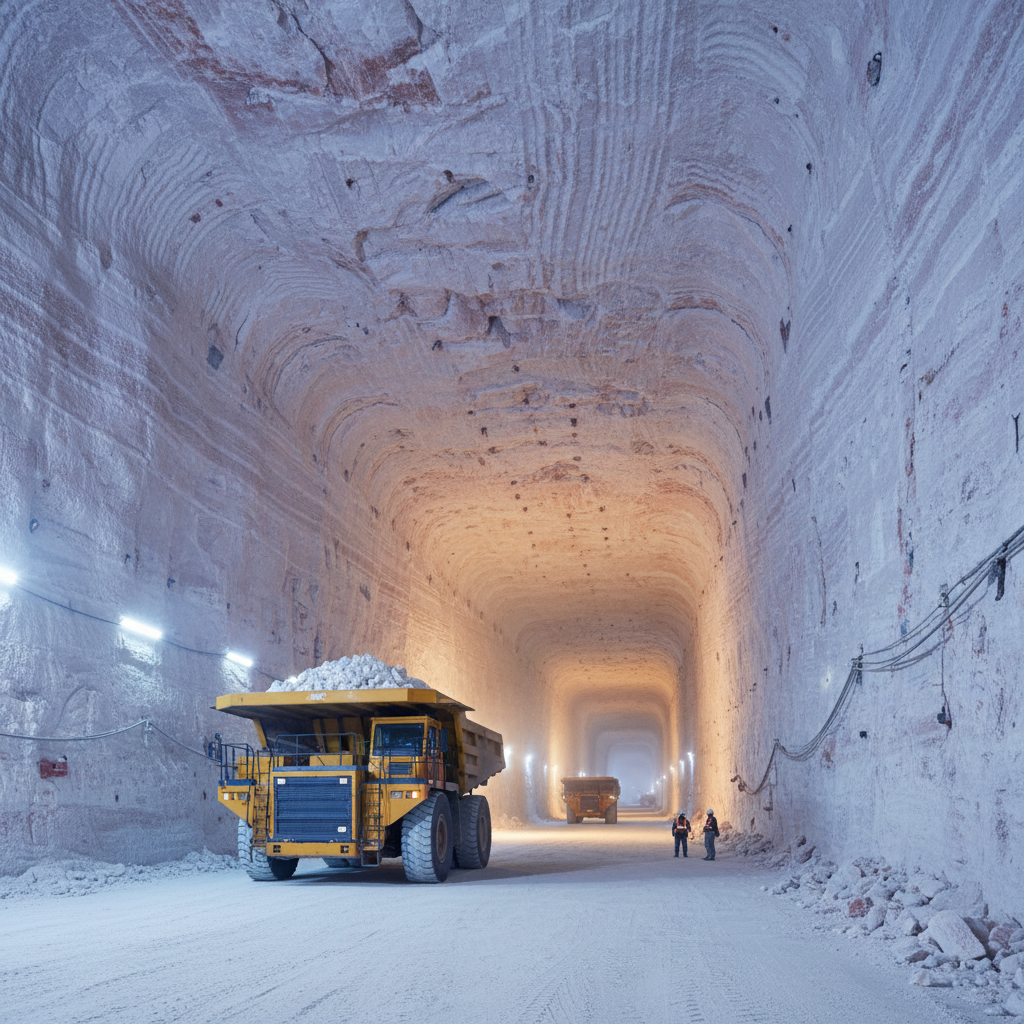 Inside the Cargill salt mine 1,800 feet beneath Lake Erie — vast white-and-pink rock-salt cavern with a yellow mining truck for scale