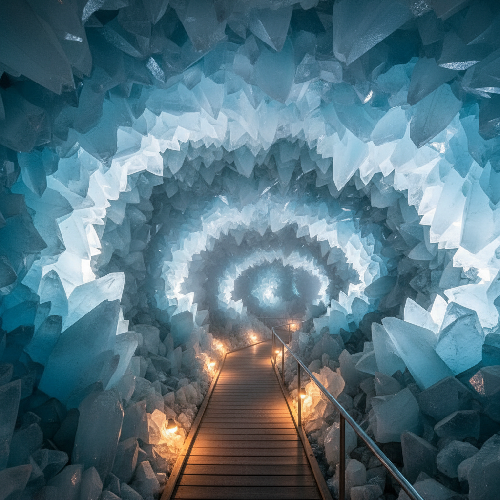 Inside Crystal Cave at Put-in-Bay — walls and ceiling covered in massive pale blue celestite crystals
