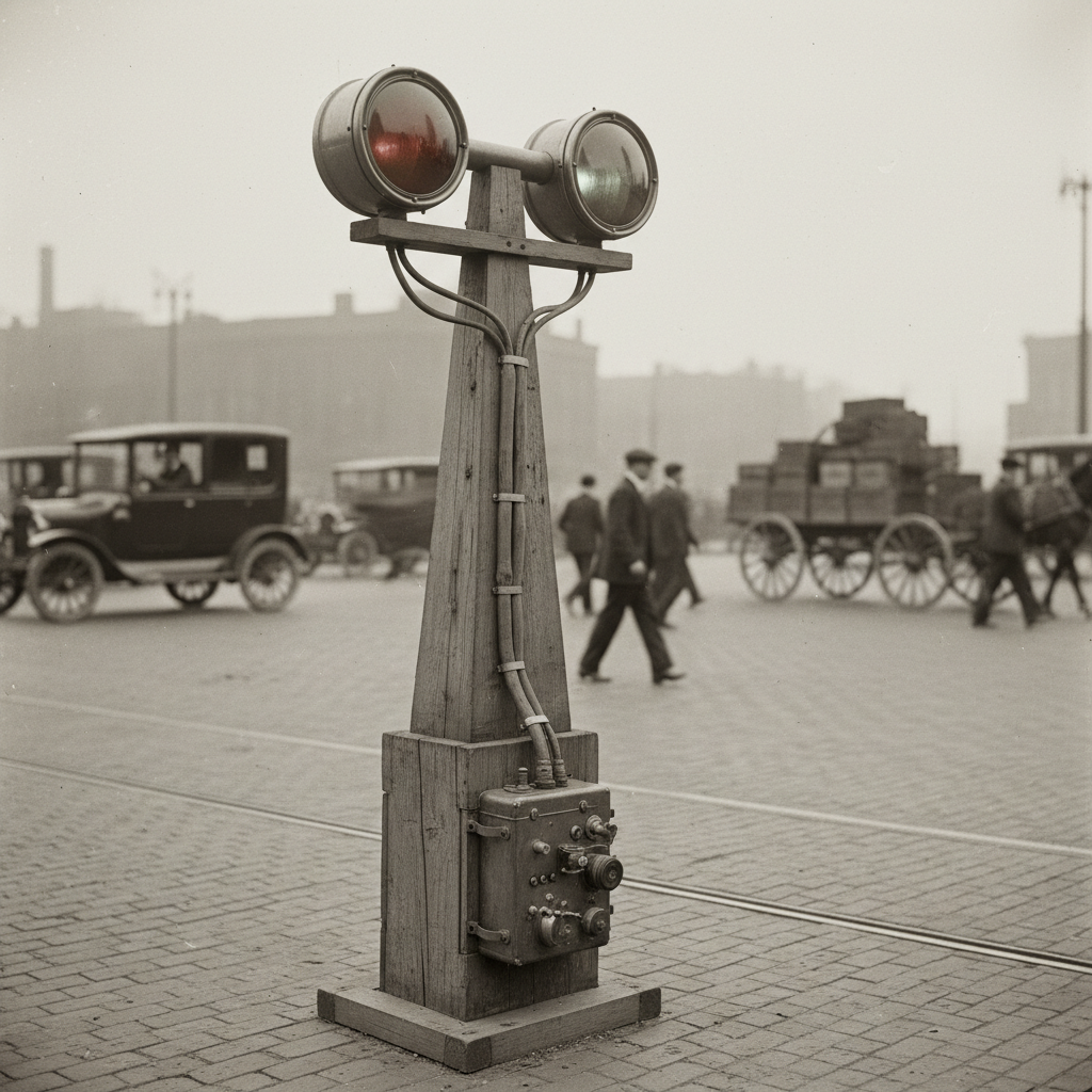 The world's first electric traffic signal at Euclid Avenue and East 105th Street, Cleveland, 1914
