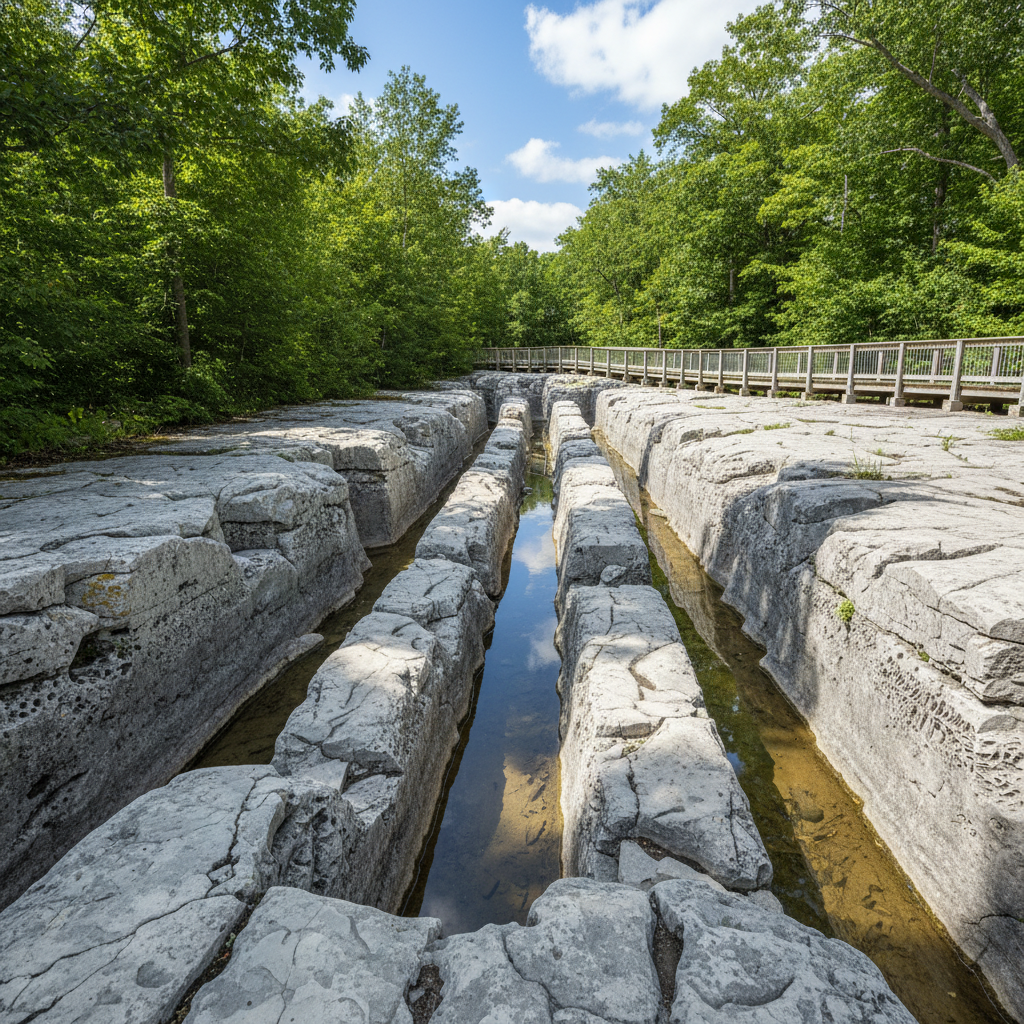 The Kelleys Island Glacial Grooves — massive parallel grooves carved into limestone bedrock by the Wisconsin Glacier