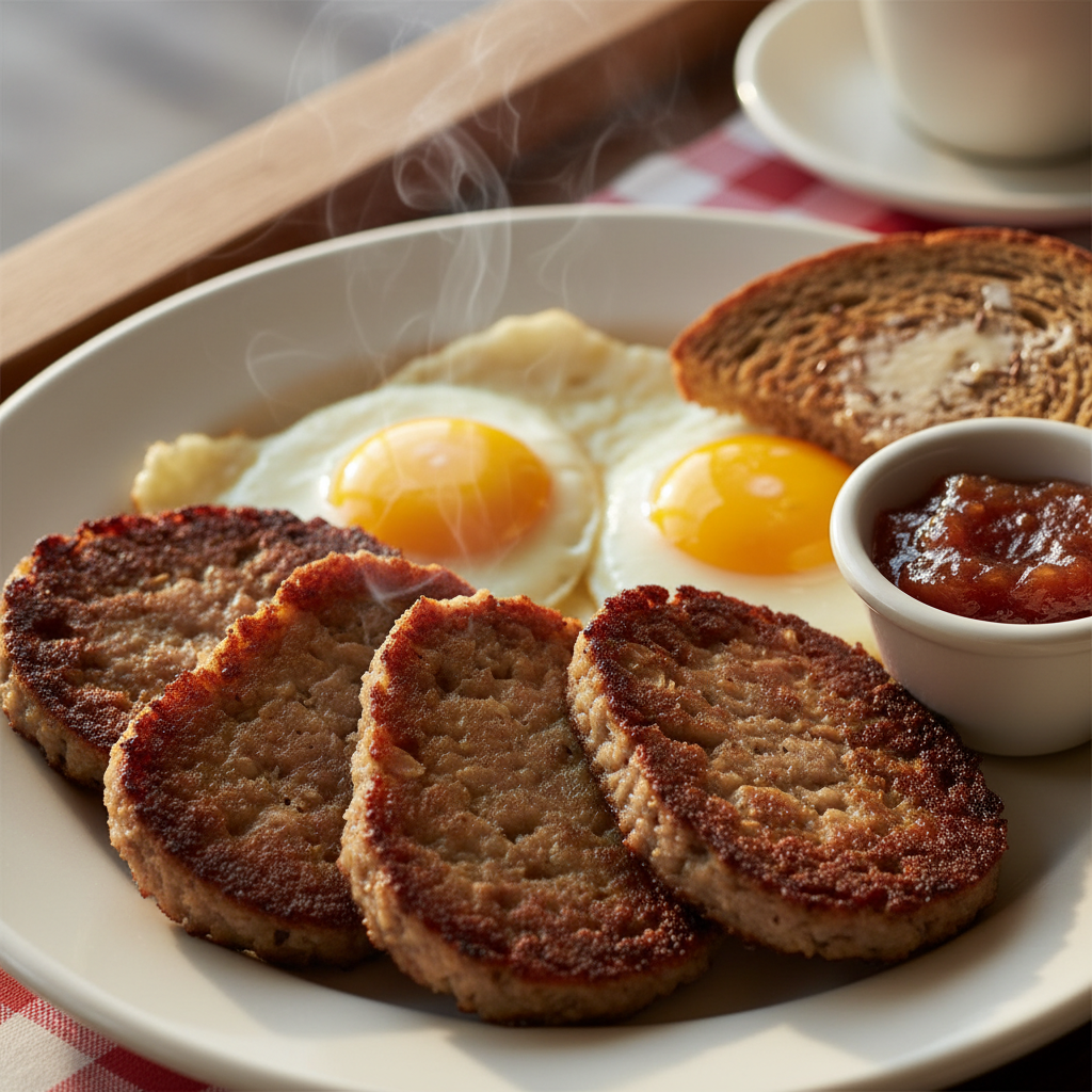 Sliced fried Cincinnati goetta with eggs, toast and apple butter on a diner plate