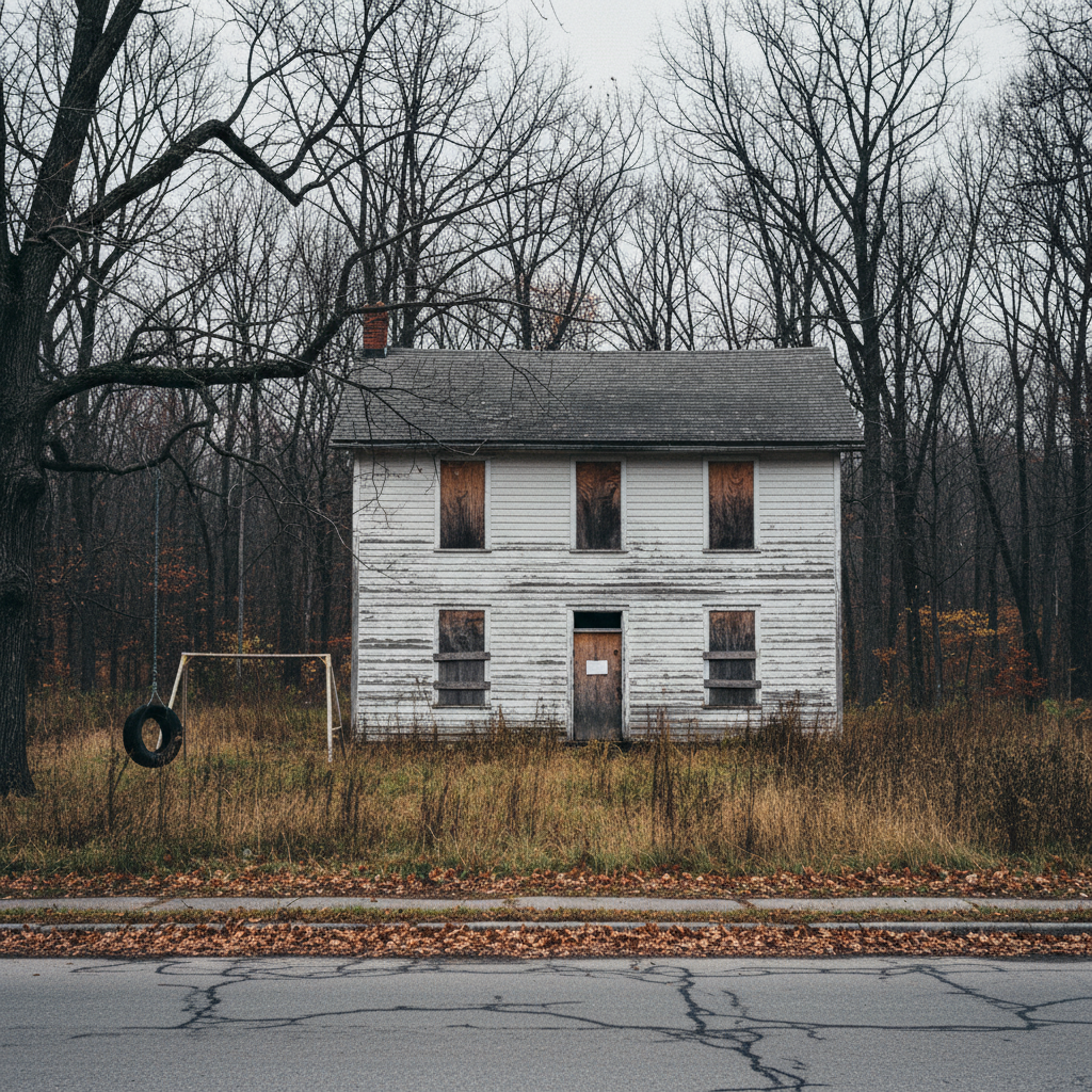 An abandoned farmhouse in the Cuyahoga Valley with boarded-up windows and a government notice on the door
