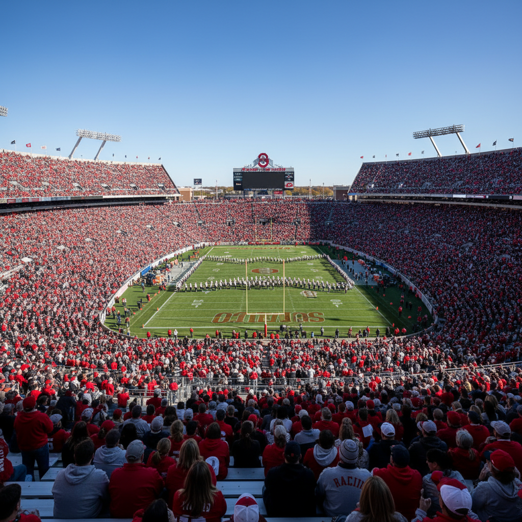 The Horseshoe packed with 100,000 scarlet-and-grey fans while the marching band forms Script Ohio on the field