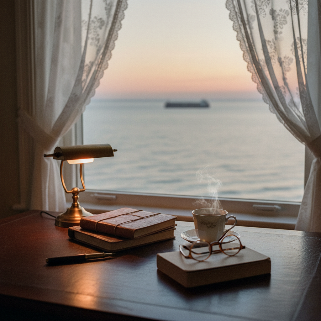 A walnut writing desk at dawn overlooking Lake Erie with leather-bound notebooks, a fountain pen, and a brass lamp