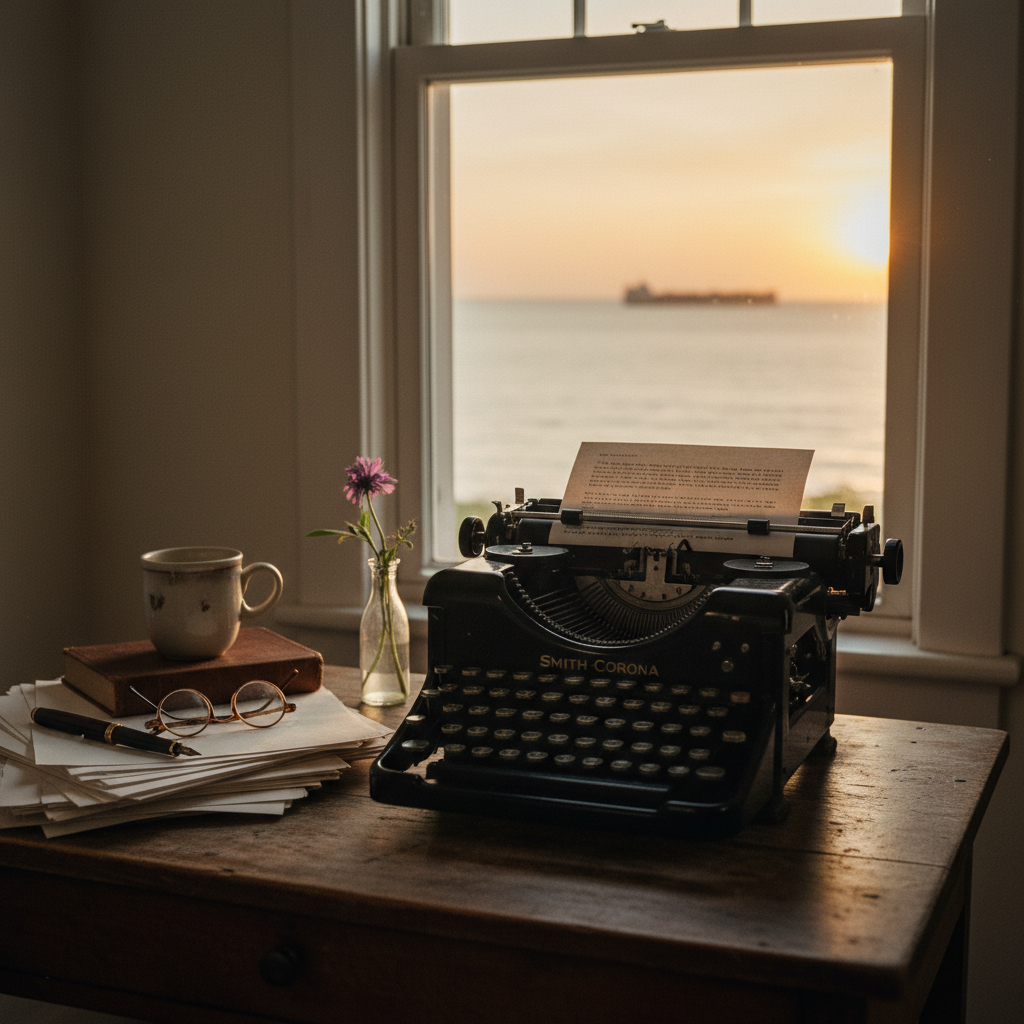 A vintage Smith Corona typewriter on a writer's desk overlooking Lake Erie at sunset