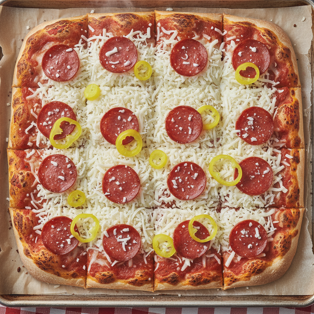 Square Ohio Valley Steubenville-style pizza topped with cold provolone, pepperoni and banana peppers, cut into squares