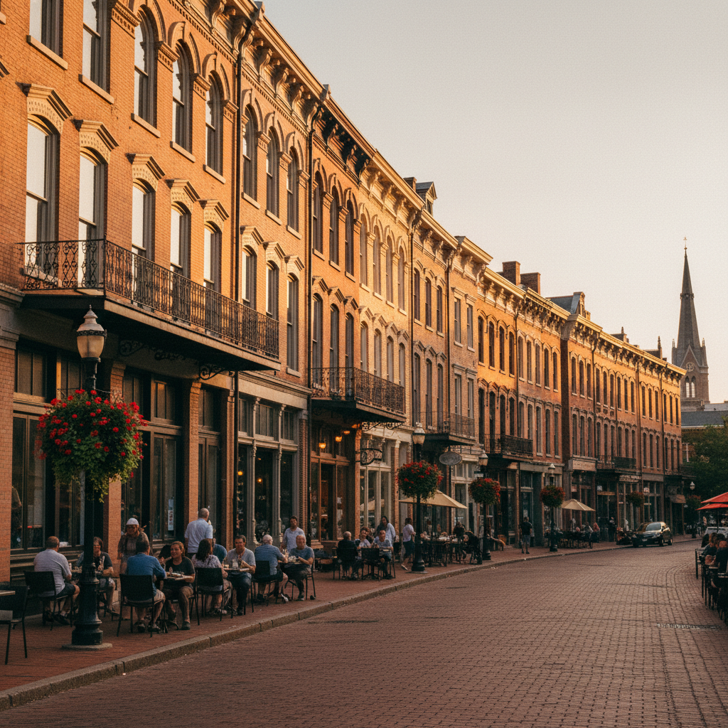 A row of restored 19th-century Italianate brick rowhouses in Cincinnati's Over-the-Rhine district at golden hour