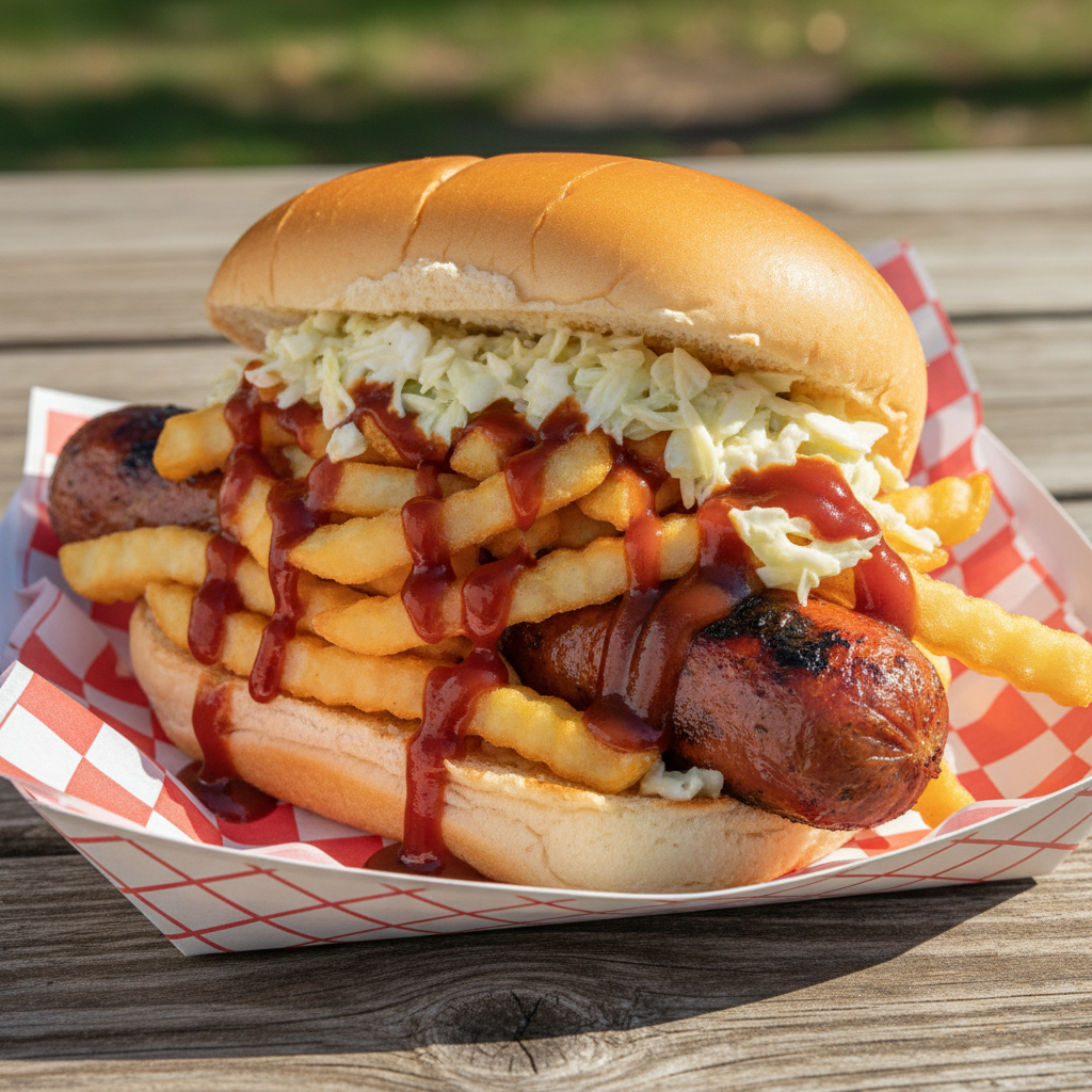 Cleveland Polish Boy sandwich with kielbasa, fries, coleslaw and barbecue sauce in a checkered paper basket