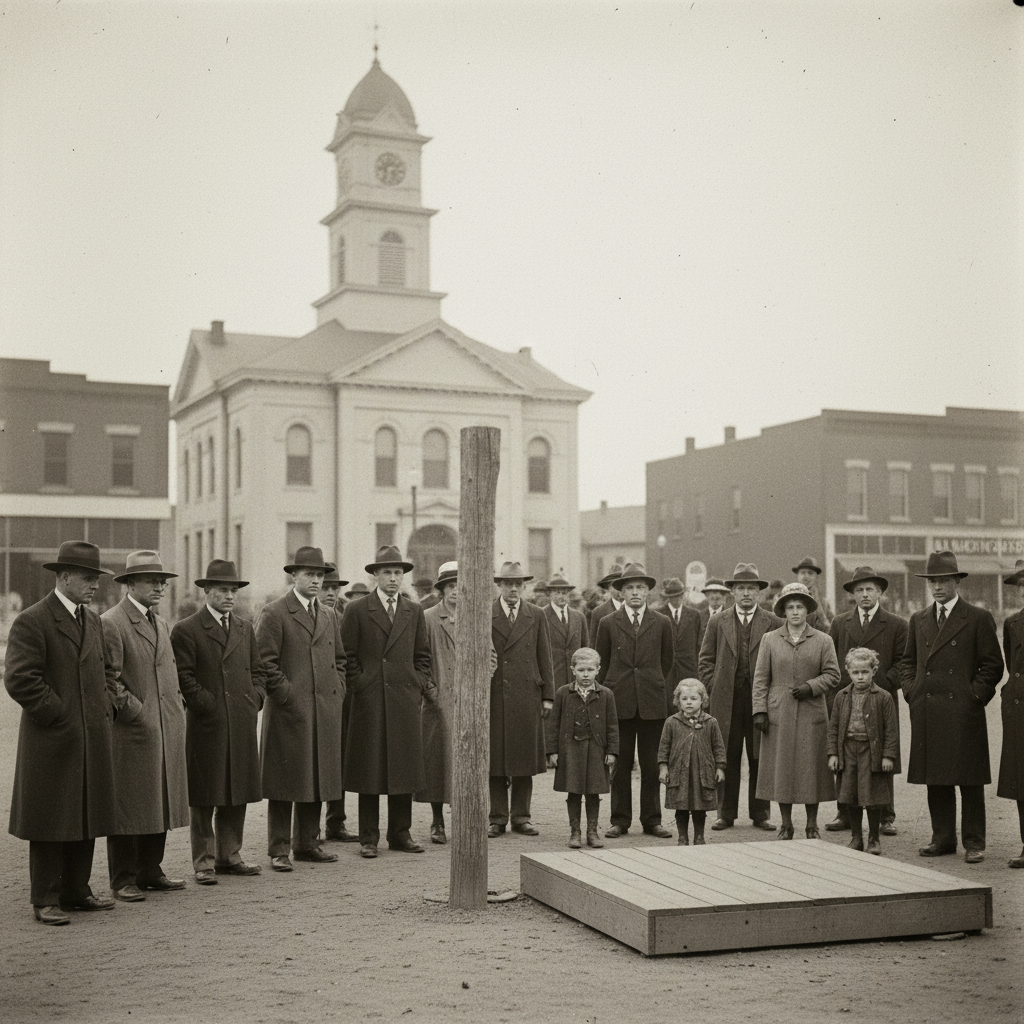 The Millersburg town square in Holmes County, Ohio, July 1932 — courthouse and somber Depression-era crowd