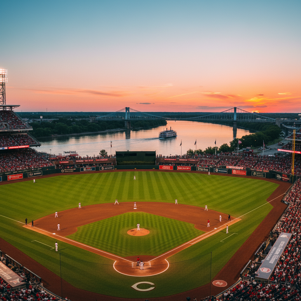 A Cincinnati Reds game at Great American Ball Park at sunset with the Roebling Bridge and a paddlewheel on the Ohio River behind