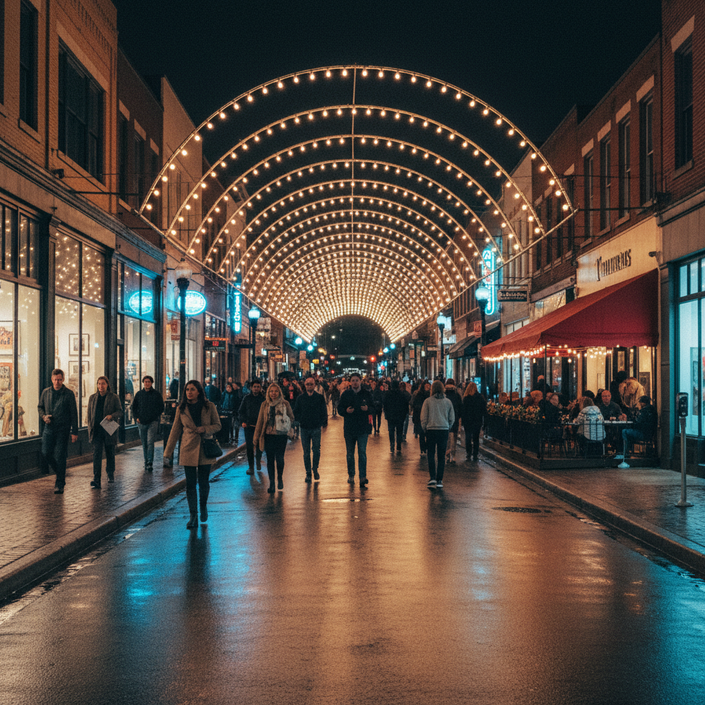 The illuminated Short North arches glowing over High Street during a Columbus gallery hop