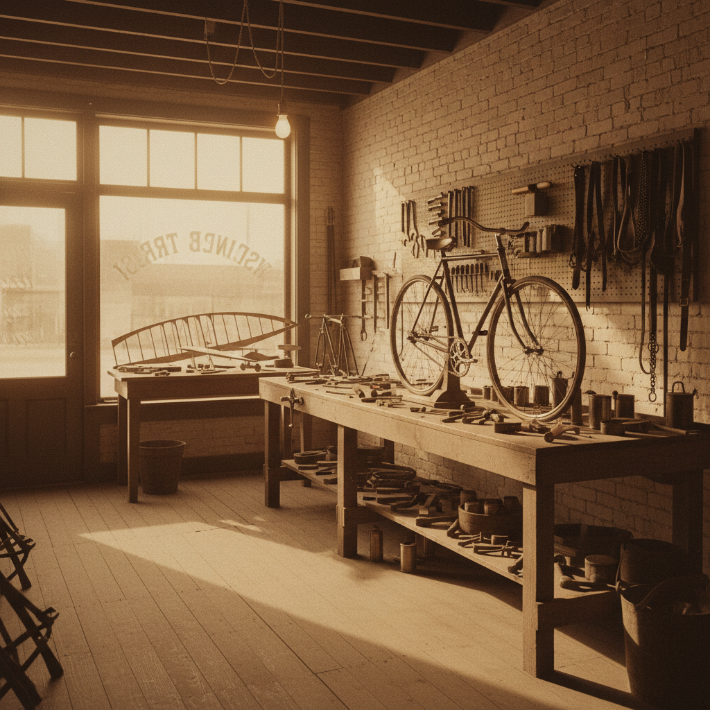 Interior of the Wright Brothers' Dayton bicycle shop circa 1900 with a workbench, bicycles, and an early wooden wing rib at the back